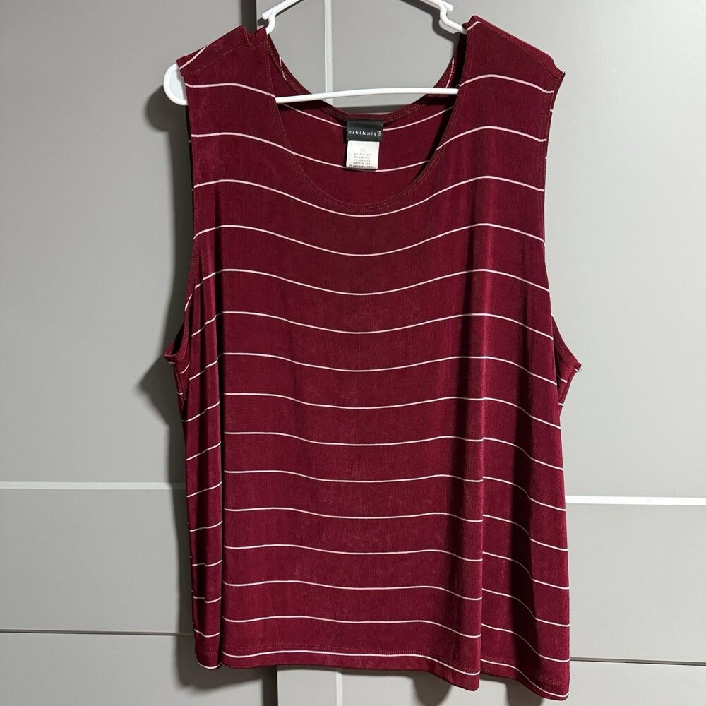 Citiknits Plus Women Sleeveless Pinstripe Slinky Stretchy Tank Top Red/White 2X